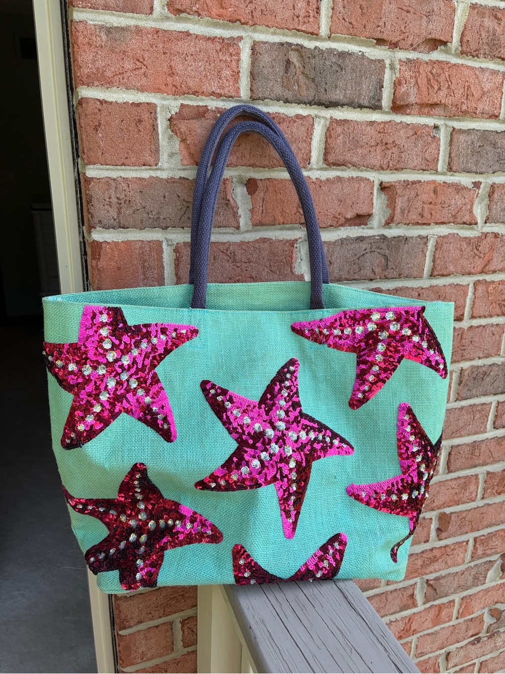 Beach Tote Bag with Purple Sequin Starfish